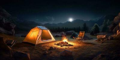 Camping in nature with tents blurred background, AI Generateand photo