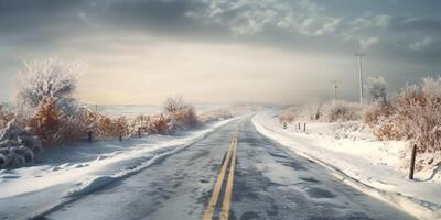 Snowy road in winter blurred background, AI Generated photo