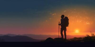 Man hiking adventure silhouette blurred background, photo