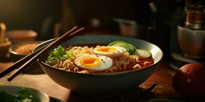 ramen japonés comida en comida mesa, ai generado foto