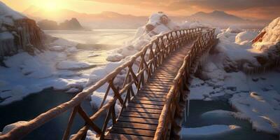 Wooden bridge in the mountains at winter, AI Generated photo