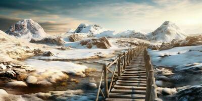 de madera puente en el montañas a invierno, ai generado foto