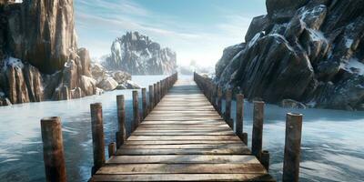 de madera puente en el montañas a invierno, ai generado foto