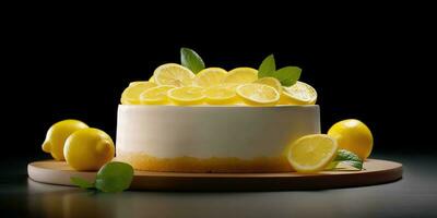 Lemon cheesecake tart blurred background, AI Generateand photo