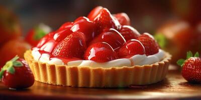 Strawberry pie cake blurred background, AI Generateand photo