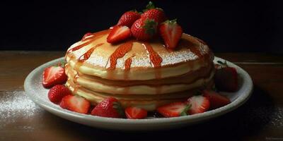 Strawberry pancake tart blurred background, AI Generateand photo