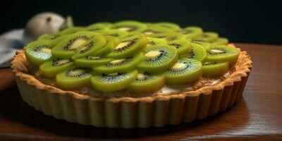 Kiwi fruit pie tart blurred background, AI Generateand photo