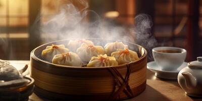 Dim sum is a traditional Chinese food consisting of dumplings, AI Generateand photo