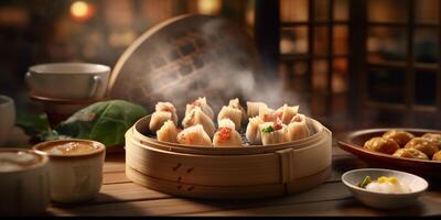 Dim sum is a traditional Chinese food consisting of dumplings, AI Generateand photo