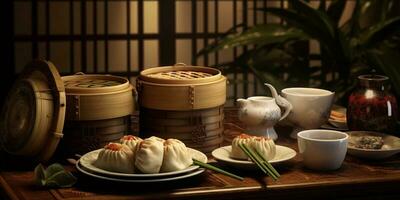 Dim sum is a traditional Chinese food consisting of dumplings, AI Generateand photo