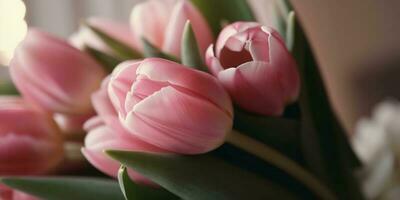 Pink tulip wedding bouquet flower on blurred background. AI Generated photo