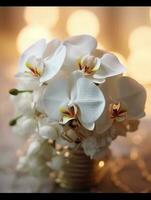 White Orchid wedding bouquet flower on blurred window background. AI Generated photo