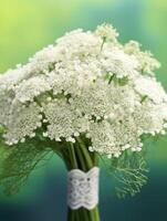 Queen Annes Lace flower wedding bouquet blurred background. photo