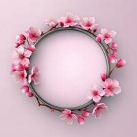 Circle made of cherry blossom flowers and branches copy space background. AI Generated photo