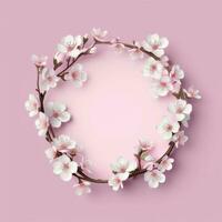 Circle made of white flowers and branches copy space background. AI Generated photo