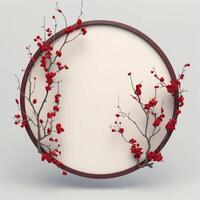 Circle made of red flowers and branches copy space background. photo