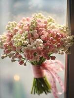 Waxflower wedding bouquet blurred background. AI Generated photo