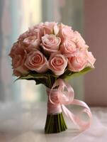 Pink rose flower bridal bouquet blurred background. AI Generated photo