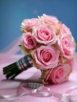 rosado Rosa flor nupcial ramo de flores borroso antecedentes. ai generado foto