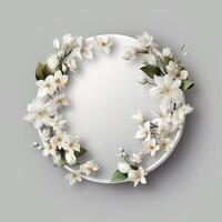 Circle made of white flowers and branches copy space background. photo