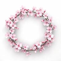 Circle made of cherry blossom flowers and branches copy space background. AI Generated photo