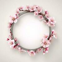 Circle made of cherry blossom flowers and branches copy space background. AI Generated photo