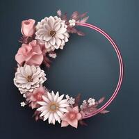 Circle made of pink flowers and branches copy space background. AI Generated photo