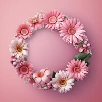 Circle made of pink flowers and branches copy space background. photo