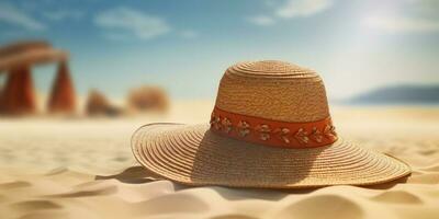 Paja sombrero en playa arena fiesta antecedentes. ai generado foto