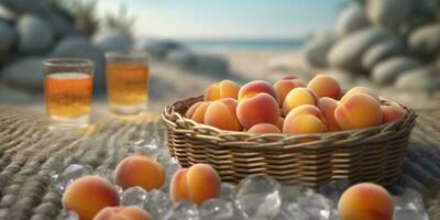 Picnic with peach on beach sand holiday background. AI Generated photo