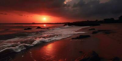 puesta de sol en playa arena fiesta antecedentes. ai generado foto