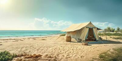 Camp tent on beach sand holiday background. AI Generated photo