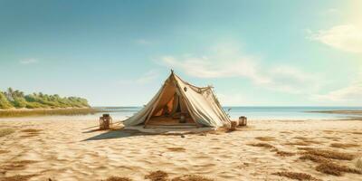 Camp tent on beach sand holiday background. AI Generated photo
