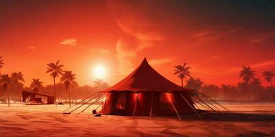 acampar tienda en playa arena fiesta puesta de sol antecedentes. ai generado foto