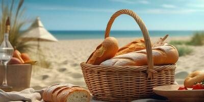 Picnic with bread on beach sand holiday background. AI Generated photo