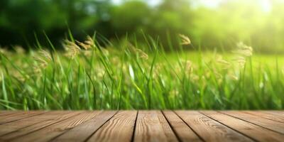 Wooden floor and blurred grass background copy space. AI Generated, photo