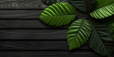 Wooden black board and leaf copy space background. AI Generated, photo