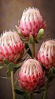 Protea sugarbushes photo wallpaper background. AI Generated