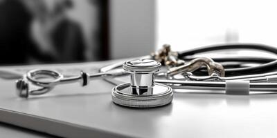 Stetoscope on white desk for doctor. AI Generated photo