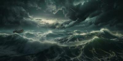 tormenta en Oceano con Encendiendo natural desastre fenómeno ai generado foto