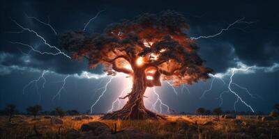 lightning in tree, stormy weather and natural disaster, AI Generated photo