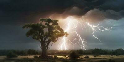 lightning in tree, stormy weather and natural disaster, AI Generated photo