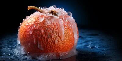 Ice storm trees and apple fruit freeze in winter, AI Generated photo