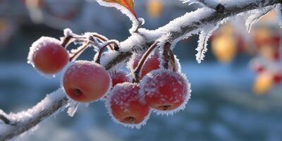 hielo tormenta arboles y baya Fruta congelar en invierno, ai generado foto