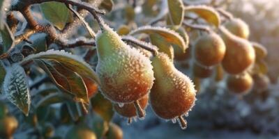 hielo tormenta arboles y Pera Fruta congelar en invierno, ai generado foto