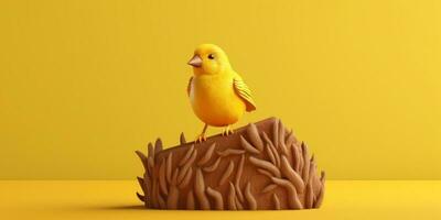 Bird yellow on tree tunk animal clay cartoon animation, AI Generated photo