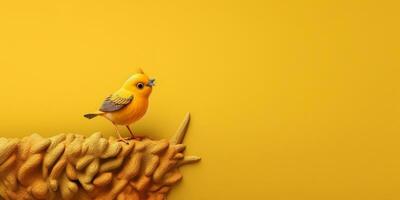 Bird yellow on tree tunk animal clay cartoon animation, AI Generated photo
