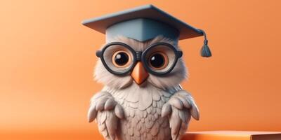 pequeño búho con graduación sombrero para educación dibujos animados animación, ai generado foto