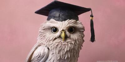 pequeño búho con graduación sombrero para educación dibujos animados animación, ai generado foto