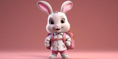 Little rabbit with backpack cartoon animation, AI Generated photo